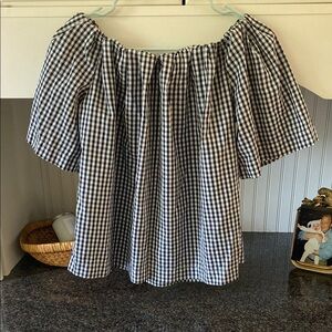 Black and White Gongham Checked Off the Shoulder Short Sleeve Top